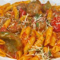 Sausage Abruzzi · italian sausage sautéed with roasted red & green peppers, spicy marinara sauce, wine and moz...