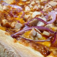 Bbq Chicken Pizza · grilled chicken breast, bbq sauce, monterey jack & cheddar cheese, red onion, fresh parsley
