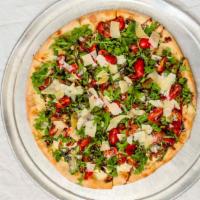 My Blue Heaven Pizza · White pizza with chicken, roasted peppers, prosciutto and sharp provolone, topped with arugu...