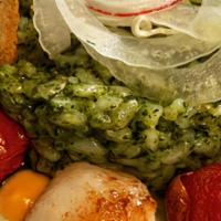 Capesante Con Risotto Di Broccoli Di Rabe · Pan seared scallops served with a broccoli di rabe pesto risotto