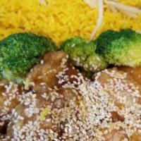 C#12.  Sesame Chicken · With white rice. chunks of chicken and broccoli in sweet brown sauce topped with sesame seeds.