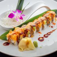Lady Gaga Roll · Tempura eggplant crunch inside, avocado and spicy crabmeat on top with spicy mayo eel sauce ...