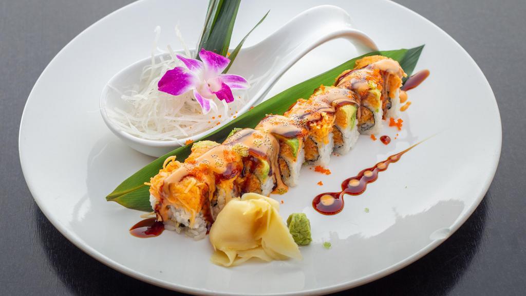 Lady Gaga Roll · Tempura eggplant crunch inside, avocado and spicy crabmeat on top with spicy mayo eel sauce caviar.