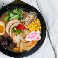 Tonkotsu Miso Ramen · Roast pork (chashu), fish cake, stir-fried bean sprout, bok-choy, bamboo shoots, corn, chopp...