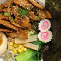 Chicken Teriyaki Ramen · Grill chicken, fish cake, stir-fried bean sprout, bok-choy, bamboo shoots,  corn, chopped sc...