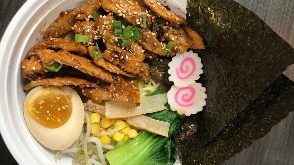 Chicken Teriyaki Ramen · Grill chicken, fish cake, stir-fried bean sprout, bok-choy, bamboo shoots,  corn, chopped scallion, seasoned boil egg, and nori (seaweed).