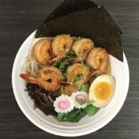 Shrimp Teriyaki Ramen · 6 pieces shrimp, fish cake, stir-fried bean sprout, bok-choy, bamboo shoots, corn, chopped s...