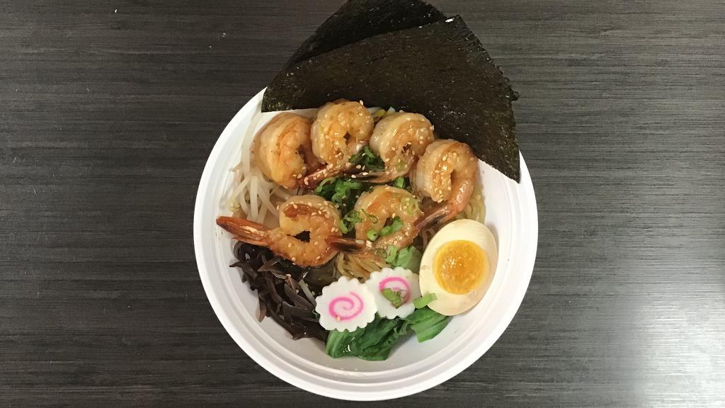 Shrimp Teriyaki Ramen · Six piece shrimp, fish cake, stir-fried bean sprout, bok choy, bamboo shoot, wood ear, corn, chopped scallion, boiled egg and nori seaweed.