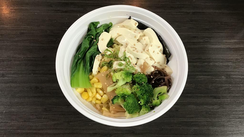 Vegetable Ramen · Tofu, stir-fried bean sprout, bok-choy,broccoli bamboo shoots,corn, chopped scallion, and nori (seaweed) ,sesame seeds.