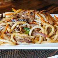 Roasted Duck Stir Fried Udon Noodle · Udon noodle with shredded duck, Napa, scallion, onion, carrot in xo minced pork spicy sauce.