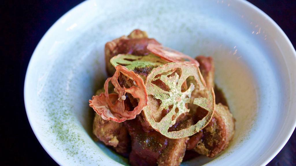 Chicken Karaage · Deep-fried chicken thighs served with ginger garlic soy sauce.