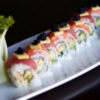 1338 Roll · Spicy. Tuna, salmon, kani, tobiko, mango, avocado, cucumber, and spicy mayo.