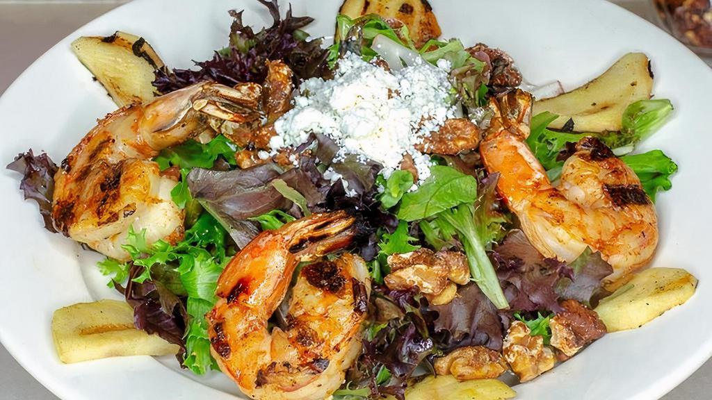 Apple And Shrimp Salad · Granny Smith apples, candied walnuts, maple honey dressing topped with goat cheese & jumbo grilled shrimp