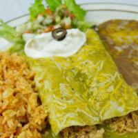 #25 · 2 Green Enchiladas  choice of beef or chicken, cheese and our special recipe, gravy style gr...