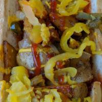 Johnny Dog · 3 All-Beef Hot Dogs topped with  Onions, Potatoes, and Long Hot Peppers.