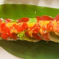 Red Sox Roll · Raw. Sweet potato tempura inside, topped with tuna, tobiko, avocado and spicy mayo sauce.