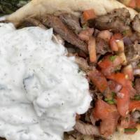 Lamb And Beef Gyro Plate · Served with a small Greek Salad & 2 hot sides. Cold Sides are additional charge. Please Pick...