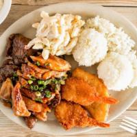 Mix Plate · Chicken teriyaki, beef teriyaki, fried cod & shrimp