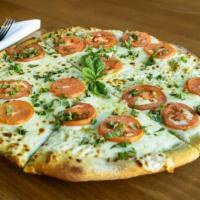 Margherita Pizza · Vegetarian. Pesto, roma tomatoes, mozzarella, basil.