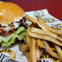 Bbq Bacon Cheeseburger · Savory burger with American cheese, bacon, lettuce, tomato, and WTG BBQ sauce. Served with f...