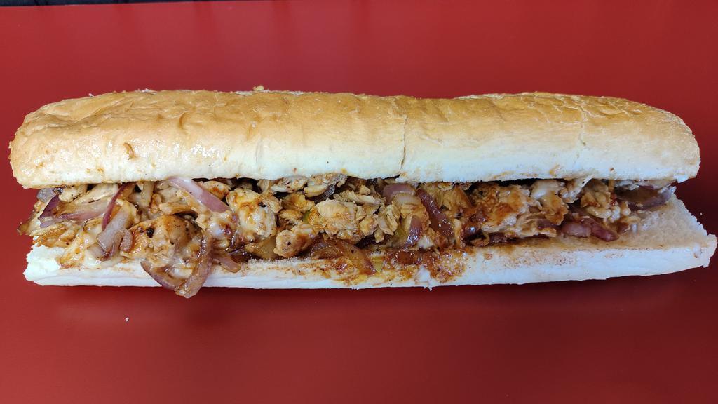 Chicken Cheesesteak · Fresh grilled chicken, American cheese, grilled onions and peppers, served on a sub roll. Served with fries. 987 calories.