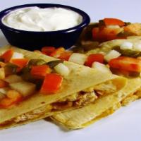 Bbq Chicken Quesadilla · Fresh chicken, cheese, tomatoes, grilled onions and wtg BBQ sauce. 1083 calories.
