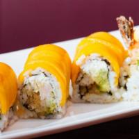 Hawaii Roll · Spicy salmon, avocado in/ mango, crabmeat on top.