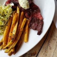 Steak Frites · Grilled NY Strip Steak, Bone Marrow-Horseradish Bearnaise, Frisée Salad, House Cut Fries