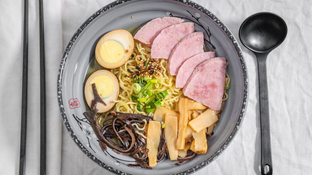 Miso Ramen · Regular. Pork & chicken broth with miso paste & wavy egg noodle topped with roasted pork (charshu), bamboo shoot, seaweed, sesame, scallion & seasoned boiled egg.