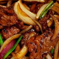 Mongolian Beef-Lunch · Spicy. Stir beef onions, jalapeño, scallions.
