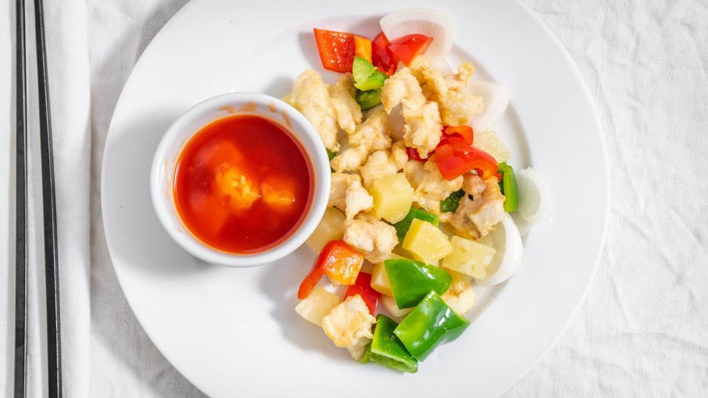 Sweet & Sour Chicken-Lunch · Pineapple, bell peppers, onions.