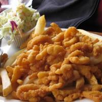 Clam Strip Plate · Tender Fried Clam Strips served with French Fries, Cole Slaw, and a roll.