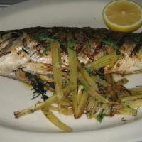 Branzino · Mediterranean sea bass,  served whole or filleted,  char-grilled  and served with mixed greens