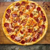 Meat Your Lover Pizza · Pepperoni, sausage, hamburger, bacon, ham, and mozzarella cheese baked on a hand-tossed dough.