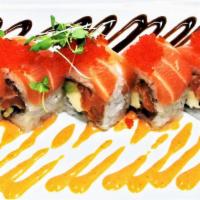 Orange Dragon Roll* · spicy salmon topped with salmon,
*Served raw or undercooked, or contains (or may contain) ra...