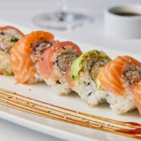 Rainbow Roll* · california roll topped with tuna, salmon, 
*Served raw or undercooked, or contains (or may c...