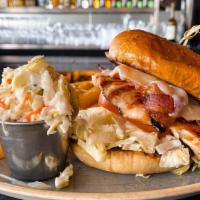 Grilled Chicken Sandwich · applewood smoked bacon, Vermont cheddar, lettuce, tomato, mayo, french fries, coleslaw