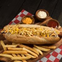Hot Dog Dominicano · Bread, Hot Dog, Ground Beef, Cooked Cabbage, Corn, Melted Cheese Ketchup, Mayo, Mustard.