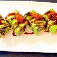 Caterpillar Maki · Eel, cucumber and flying fish roe topped with avocado and rolled on the shape of a caterpill...