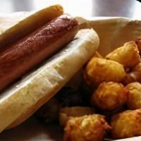 Kids Hot Dog & Tater Tots · All beef hot dog & tater tots.  Comes with a side of apple sauce.