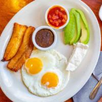Huevos Rancheros · Sunny side up eggs with salsa. Includes refried beans, cream cheese, avocado, fried plantain...