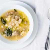 Italian Wedding Soup · Classic Wedding Soup with flavorful mini meatballs, fresh spinach, mini pasta and eggs in a ...