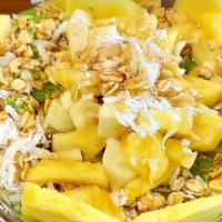 Acai U Later Bowl · Acai blended with pineapple, banana and vanilla, yogurt, milk or almond milk. Toppings grano...