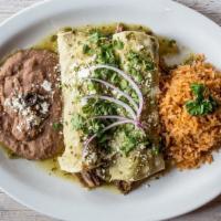 Enchiladas Verdes · Three chicken enchiladas topped with cheese sauce and a spicy green salsa. Served with rice ...