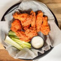 Wings · 9 pieces. tossed in your favorite sauce. served with french fries & a side of celery & blue ...