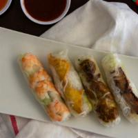 Fresh Rolls Sampler · A sampler of fresh shrimp, grilled pork & grilled chicken and tofu fresh rolls.
