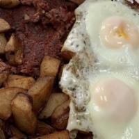 Hash & Eggs Platter · 2 eggs any style with homemade hash. Enjoy our special recipe, made from scratch right here ...