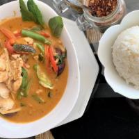 Red Curry · Spicy. Thai curry paste, coconut milk, bamboo, eggplant, bell pepper, string bean, basil