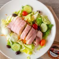 Chef Salad · Ham, turkey, provolone, hard-boiled eggs and Kalamata olives (with pits) over our tossed sal...