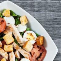Spinach & Grilled Chicken · Baby spinach, fresh tomatoes, chicken, hard-boiled egg, bacon, croutons and house balsamic v...